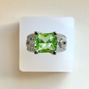 Green Square-Cut Gemstone Ring with Pavé Accents - Women Jewelry